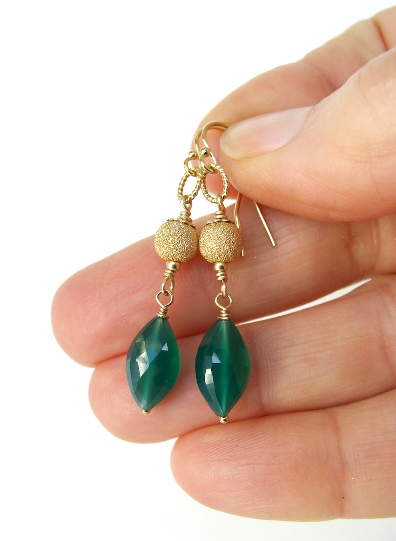 elegant lux combination Green onyx gold earrings style everyday to event 14kt gold-fill with genuine stones Let Loose Jewelry handmade