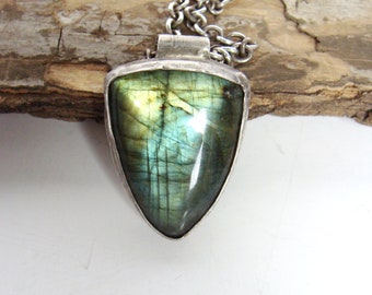Labradorite shield pendant necklace, handmade, heavy sterling chain, for woman or man