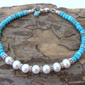 Pearl turquoise bracelet, plaque style, genuine pearls natural turquoise sterling silver, great gift for her, handmade, Let Loose Jewelry