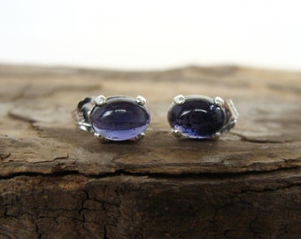 Iolite stud earrings, dainty small gemstone post earrings, sterling silver, deep violet blue stones, minimalist style, Let Loose Jewelry