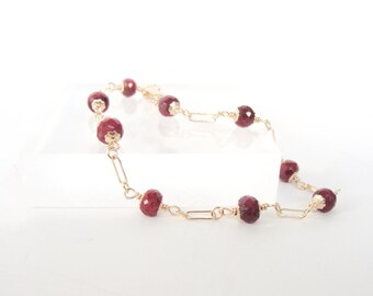 Gold ruby bracelet, ruby beads, station chain style, goldfill, 7.3 inches, chain, handmade