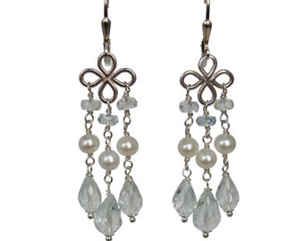 Aquamarine pearl chandelier earrings, sterling silver, handmade, something blue, handmade jewelry