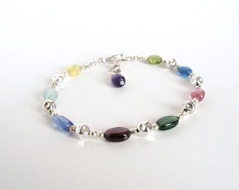 Colorful gemstone bracelet, sterling silver, adjustable length 7- 7.75 inches, gift for her, stack bracelet, handmade, Let Loose Jewelry