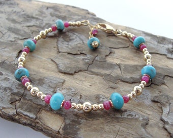 Gold turquoise ruby bracelet, beaded gemstone bracelet, handmade, elegant, adjustable, blue turquoise