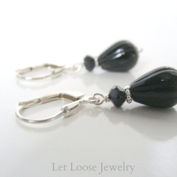 Black spinel black onyx earrings, genuine gemstones sterling silver, handmade, simple elegant, Let Loose Jewelry, under 40, leverbacks