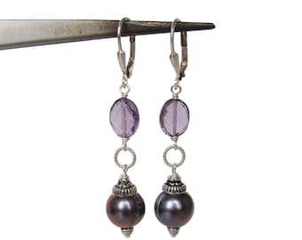 Amethyst black pearl earrings, long dangle earrings, sterling silver peacock pearls, handmade