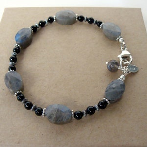 Labradorite black tourmaline bracelet, genuine stones sterling silver, casual black gray, Let Loose Jewelry, handmade