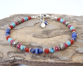 Lapis carnelian turquoise ruby pyrite bracelet, mixed genuine gemstones, sterling silver, adjustable length, stack bracelet, handmade