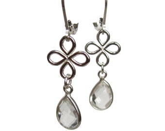 Bright sterling silver clear quartz earrings, clover link, drop earrings, clear stones, handmade by Let Loose Jewelry