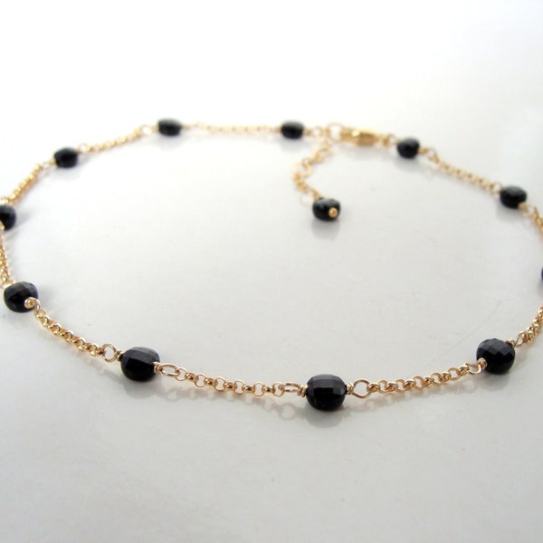 Gold black tourmaline anklet, dainty elegant, checkerboard cut 4mm stones on goldfilled rolo, handmade, Let Loose Jewelry