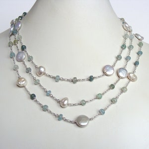 Long aquamarine and pearl chain necklace, 55 inches, handmade, wear super long or as multistrand necklace, white sea blue/green