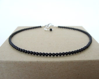 Black tourmaline anklet, sterling silver, skinny thin beaded anklet, adjustable length 95- 10.5 inches, handmade by Let Loose Jewelry