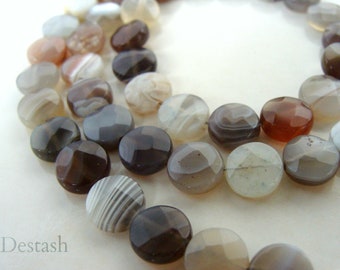 Botswana agate beads, 8mm faceted flat coins, flat round beads, full strand 18 inches, destash supplies, destash beads, natural agate