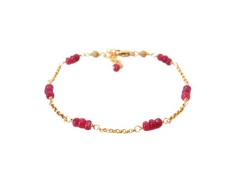 Gold ruby bracelet, very dainty, station chain, goldfill rolo chain with triple ruby stations, adjustable length 6.25-7.25 inches