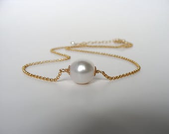 Handmade Pearl Choker Necklace, 14k Goldfill Chain, 11mm round pearl, minimalist, Let Loose Jewelry