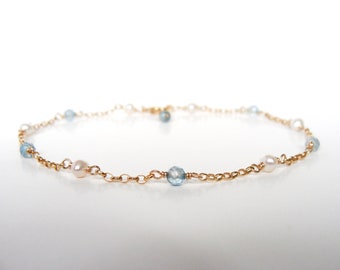 Gold blue topaz pearl anklet, goldfill, gold gemstone anklet, adjustable length, handmade, Let Loose Jewelry, something blue