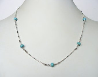 Turquoise chain necklace, fine shiny bar chain with turquoise stations, 18 inches, handmade