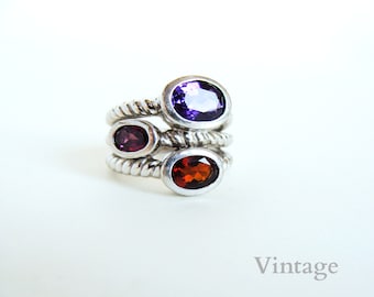 Amethyst garnet rhodolite garnet ring, sterling silver ring, stacked look, vintage gemstone ring, size 4.75-5, wide band