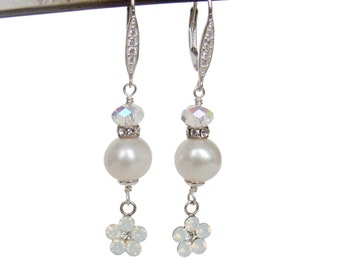 White pearl and Swarovski crystal earrings, opaline crystal daisy, cz lever back wires, sparkly, bridal, everyday sparkle, handmade