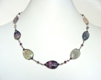 Nature inspired carved leaf necklace, fluorite leaves Swarovski crystals and sterling silver, pale greens, purples, unique jewelry
