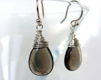 Smoky Quartz Sterling Silver Earrings: Wire Wrapped Gemstone Drops