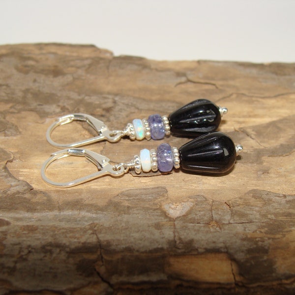 Opal tanzanite black onyx earrings, stacked gemstone sterling silver earrings, everyday jewelry, genuine stones, handmade