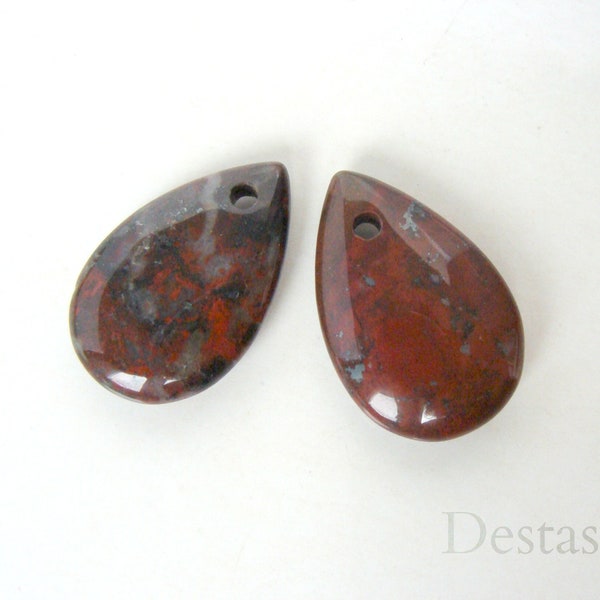 Red jasper drops, brecciated jasper, earring or pendant stones, top drilled, natural stones,  2 drops, 23x15mm, flat teardrop, destash