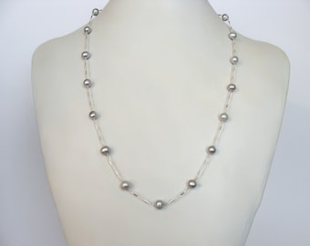 Silver pearl station chain, tin cup necklace, long, 24 inch, 6.5-7.5mm pearls, sterling silver, classic, handmade