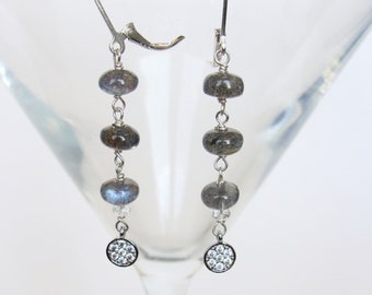 Long labradorite earrings, flashy labradorite with cz accents, sterling silver, handmade by Let Loose Jewelry