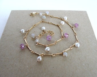 Pink sapphire opal pearl anklet, dainty, gemstone dangles drops, gold anklet, goldfill, adjustable 9.5- 10.5 inches, handmade