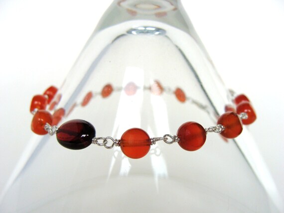 Handmade Carnelian Bracelet, Argentium Silver Wire Wrapped, Garnet Accent
