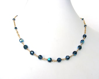 Handmade Sapphire Blue Crystal Choker, Vintage Swarovski, 14kt Gold-Fill