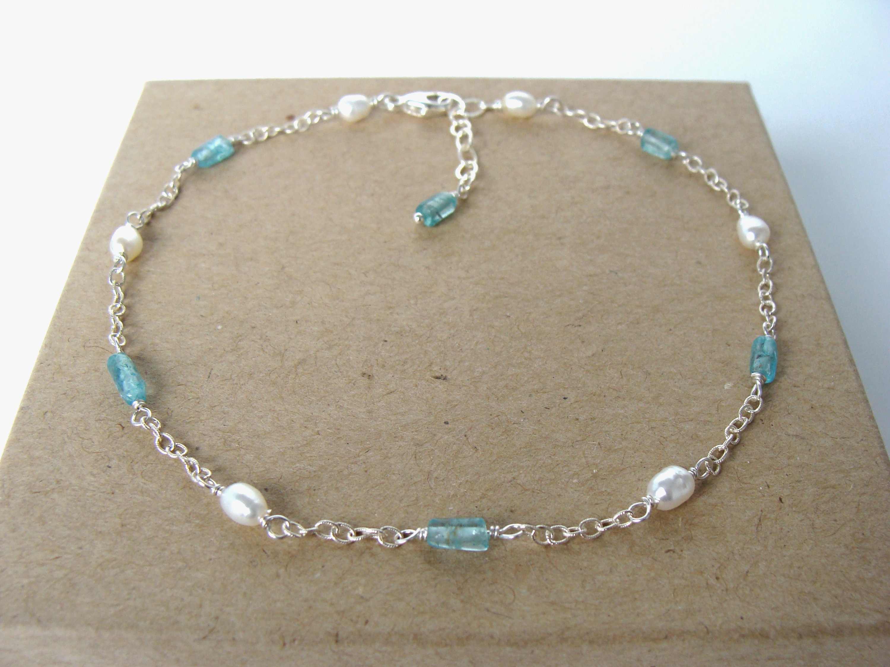 Apatite Pearl Anklet, Sterling Silver Gemstone Anklet, Adjustable