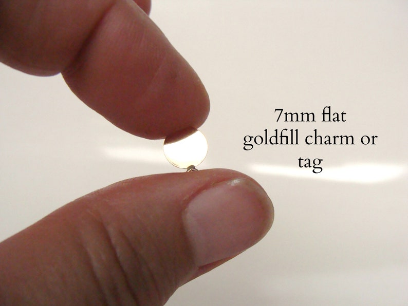 lightweight 7mm round flat charm with closed ring goldfilled tag destash jewelry making supplies Goldfilled charm sold in lot of 5