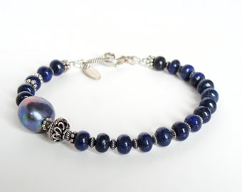 Lapis pearl bracelet, casual, midnight blue lapis, peacock baroque pearl, asymmetrical, stack, handmade jewelry for her