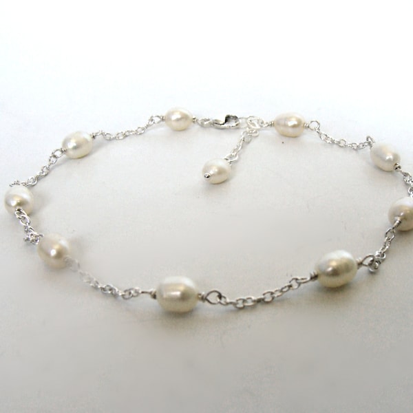 White pearl anklet, sterling silver, 6-7mm oval rice pearl stations on cable chain, adjustable length, handmade