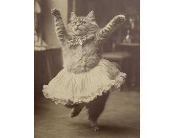 Cat Dancer Victorian Poster, Vintage Spoof Animal Art Print