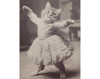 Ballerina Cat Victorian Spoof Poster, Vintage Animal Art Print