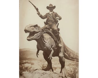 Dinosaur Cowboy Premium Matte/Glossy Paper Poster, Victorian Vintage, Gothic Spooky, Art Poster Print, Fantasy Photo