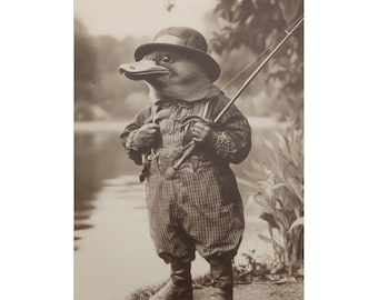 Póster victoriano de parodia del pescador ornitorrinco, impresión fotográfica vintage de animales