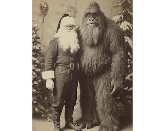 Santa and Bigfoot Premium Matte/Glossy Paper Poster, Victorian Vintage, Gothic Spooky, Art Poster Print, Christmas Photo