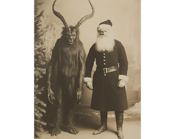 Santa and Krampus Premium Matte/Glossy Paper Poster, Victorian Vintage, Gothic Spooky, Art Poster Print, Christmas Photo