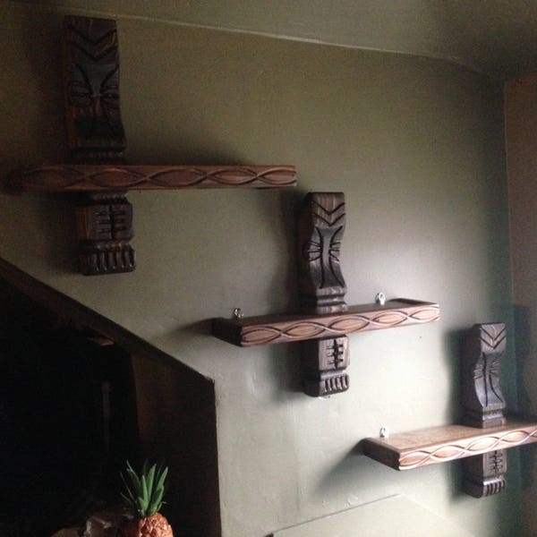 Set of three witco style hand carved mug wood tiki shelves