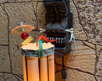 Shrunken head sipper carved witco style tiki wall lamp sconce bar lounge man cave
