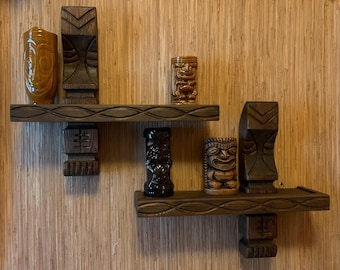 Pair of handmade carved wood mug witco style tiki shelves
