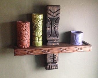 Single witco style carved wood tiki mug shelf