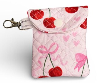 Cherry AirPods Case Quilted Pink AirPods Pouch with Keychain Handmade Cotton Earbud Case Cute Tech Accessory Valentine Gift
