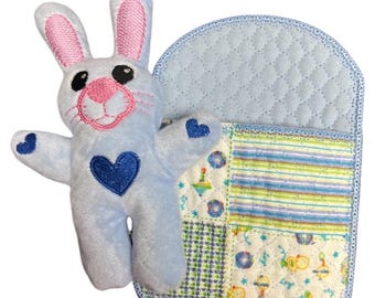 Handmade Plush Bunny with Quilted Sleeping Bag Embroidered Hearts