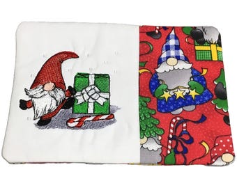 Mug Rug Coaster Embroidered Cotton Fabric Padded Absorbs Liquid Ready to ship Gnome with Gift Christmas Hand Crafted