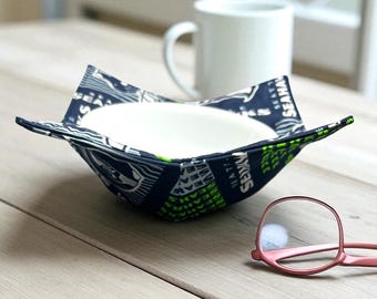 Seattle Seahawks Bowl Cozy Reversible NFL Fabric Bowl Holder, Microwave Safe Soup and Snack Cozy Handcrafted Navy & Green Kitchen Gift